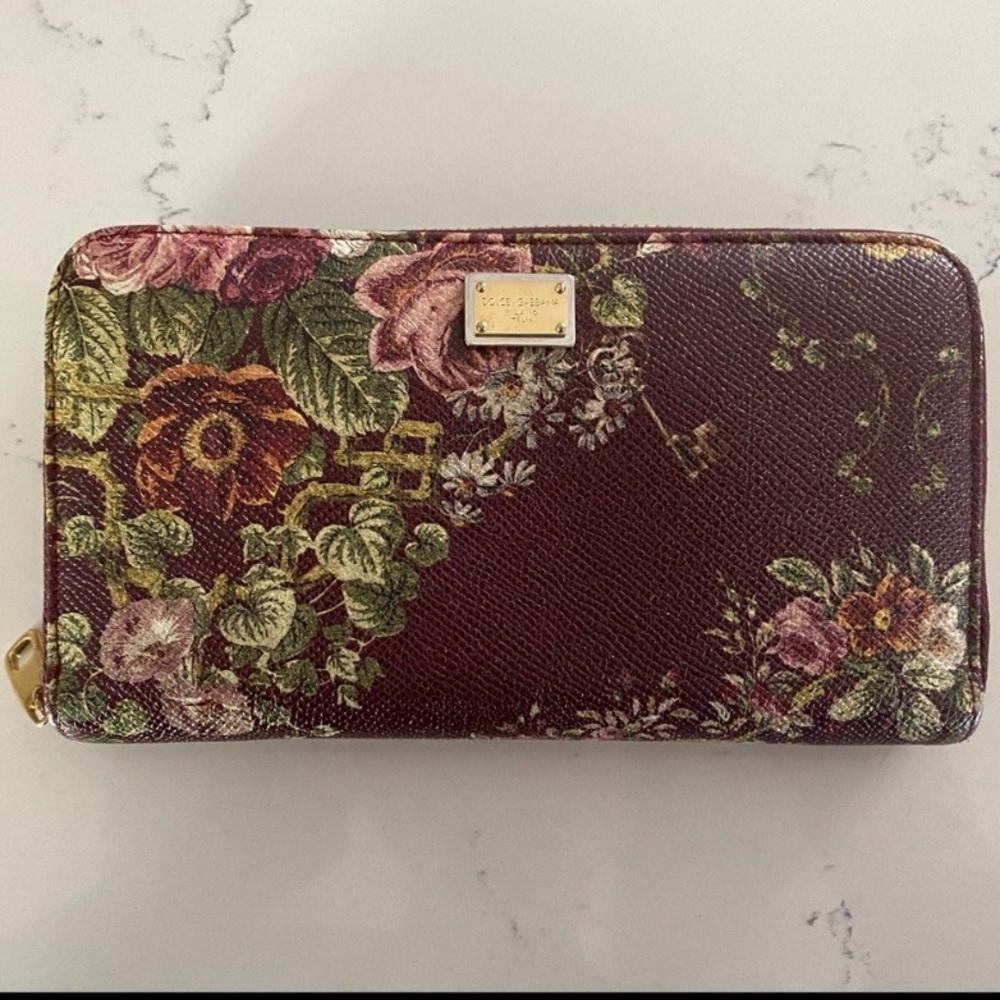 Dolce & Gabbana Floral Purple Rose Zip Around Wallet